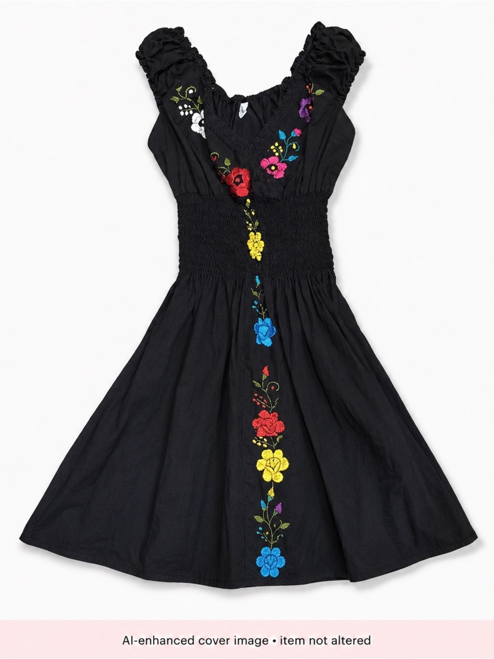 Black Embroidered Floral Folk Dress Smocked Waist Cottagecore Boho Midi